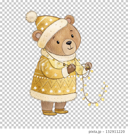 adorable watercolor bear in a gold and cream Christmas outfit adorable watercolor bear in a gold and cream Christmas outfit 132911220