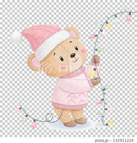 adorable watercolor bear in a gold and cream Christmas outfit 132911228