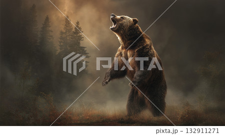 森の中で威嚇するヒグマ 132911271