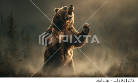 森の中で威嚇するヒグマ 132911272