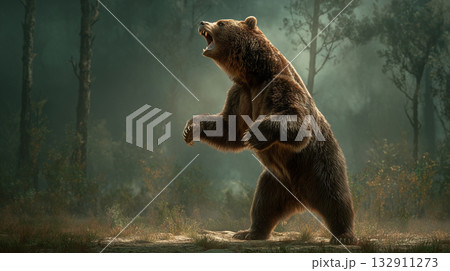 森の中で威嚇するヒグマ 132911273