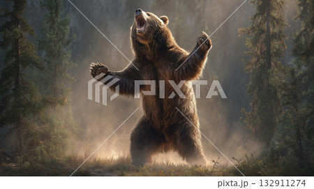 森の中で威嚇するヒグマ 132911274