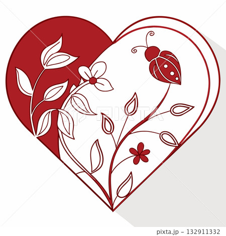 Heart-Shaped Floral Illustration with Ladybug Design 132911332