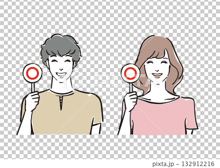 Refreshing men and women in their 30s holding the correct answer card 132912216