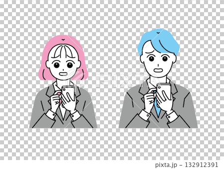 一組插圖，描繪了一群神情憂慮地看著智慧型手機的男女學生。 132912391