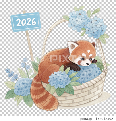 red panda peacefully sleeping in a simple wicker basket pastel sign with 2026 132912392