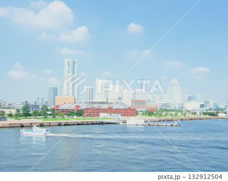 横浜みなとみらいの海からの街並み。ドット絵風の写真。 横浜みなとみらいの海からの街並み。ドット絵風の写真。 132912504