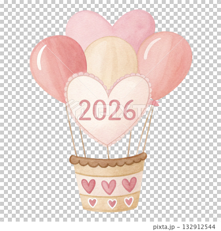 watercolor artwork of heart balloon basket baby pink and cream color palette text 2026  132912544