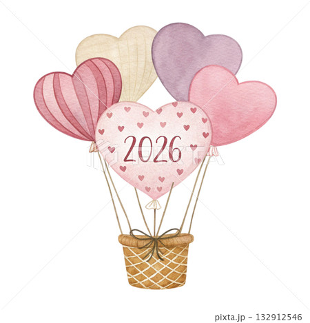 watercolor artwork of heart balloon basket baby pink and cream color palette text 2026  132912546