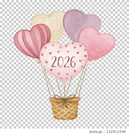 watercolor artwork of heart balloon basket baby pink and cream color palette text 2026  132912546