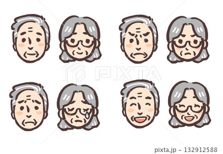 おじいさんとおばあさんの喜怒哀楽顔イラストセット 132912588