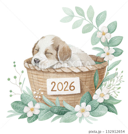 watercolor painting of a cute puppy sleeping peacefully in a woven basket filled with pastel blue and white flowers a small wooden tag in front says 2026 132912654