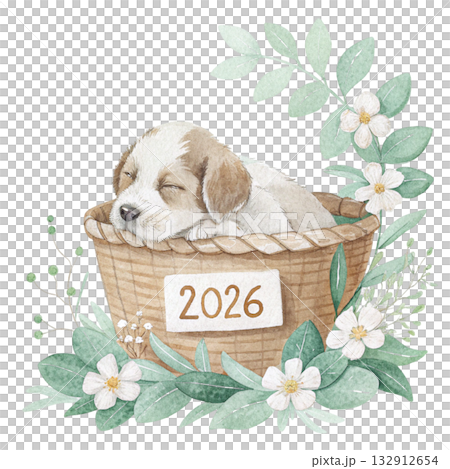 watercolor painting of a cute puppy sleeping peacefully in a woven basket filled with pastel blue and white flowers a small wooden tag in front says 2026 132912654