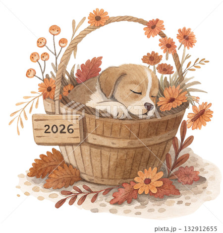 watercolor painting of a cute puppy sleeping peacefully in a woven basket filled with pastel blue and white flowers a small wooden tag in front says 2026 132912655