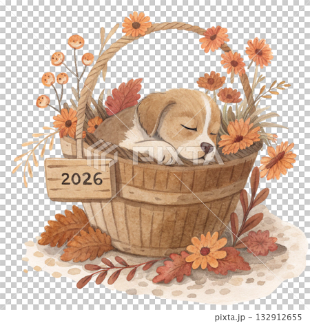 watercolor painting of a cute puppy sleeping peacefully in a woven basket filled with pastel blue and white flowers a small wooden tag in front says 2026 132912655