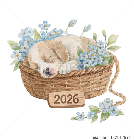 watercolor painting of a cute puppy sleeping peacefully in a woven basket filled with pastel blue and white flowers a small wooden tag in front says 2026 watercolor painting of a cute puppy sleeping peacefully in a woven basket filled with pastel blue and white flowers a small wooden tag in front says 2026 132912656
