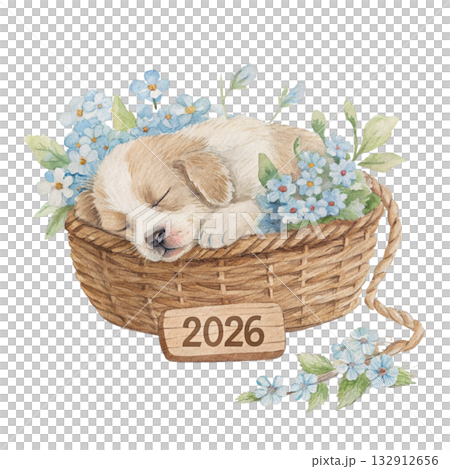 watercolor painting of a cute puppy sleeping peacefully in a woven basket filled with pastel blue and white flowers a small wooden tag in front says 2026 watercolor painting of a cute puppy sleeping peacefully in a woven basket filled with pastel blue and white flowers a small wooden tag in front says 2026 132912656
