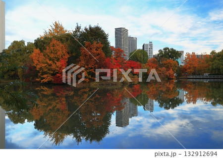水面に映る紅葉 132912694