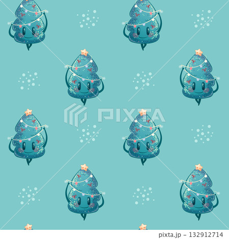 Seamless pattern with festive elements. The concept of Christmas and New Year. Cute Christmas tree character. Vector illustration for the design of postcards, textiles, banners, posters Seamless pattern with festive elements. The concept of Christmas and New Year. Cute Christmas tree character. Vector illustration for the design of postcards, textiles, banners, posters 132912714
