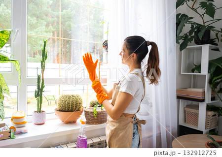 Woman in rubber gloves and apron manually washes window of house with rag cleaner and mop inside interior with home plants on windowsill. Restoring order and cleanliness in spring, cleaning servise Woman in rubber gloves and apron manually washes window of house with rag cleaner and mop inside interior with home plants on windowsill. Restoring order and cleanliness in spring, cleaning servise 132912725