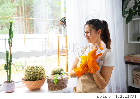 A sad tired woman does not want to wash the windows and clean the house, negative emotions, burnout. Restoring order and cleanliness, cleaning servise A sad tired woman does not want to wash the windows and clean the house, negative emotions, burnout. Restoring order and cleanliness, cleaning servise 132912731