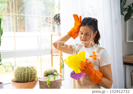 A sad tired woman does not want to wash the windows and clean the house, negative emotions, burnout. Restoring order and cleanliness, cleaning servise 132912732
