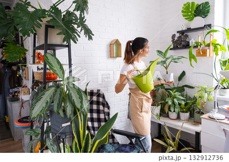A woman waters home plants from her collection of rare species from a watering can, grown with love on shelves in the interior of the house. Home plant growing, green house, water balance 132912736