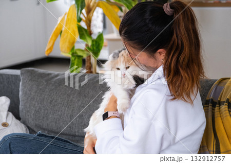 A woman takes care of a domestic cat, combs its fur with a comb A woman takes care of a domestic cat, combs its fur with a comb 132912757
