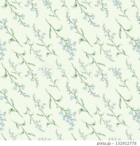 Watercolor seamless pattern with illustration green leaves and light blue forget-me-nots. Wildflowers herbs flowers. Wedding invites, fashion, prints, backgrounds. Mono floral pattern Watercolor seamless pattern with illustration green leaves and light blue forget-me-nots. Wildflowers herbs flowers. Wedding invites, fashion, prints, backgrounds. Mono floral pattern 132912778