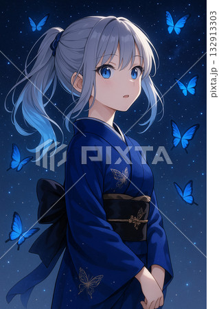 銀髪の着物少女 132913303