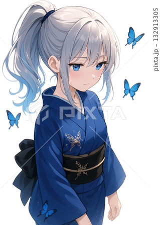 銀髪の着物少女 132913305