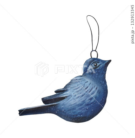 Hand drawn blue bird Christmas tree ornament. Watercolor illustration. 132913345