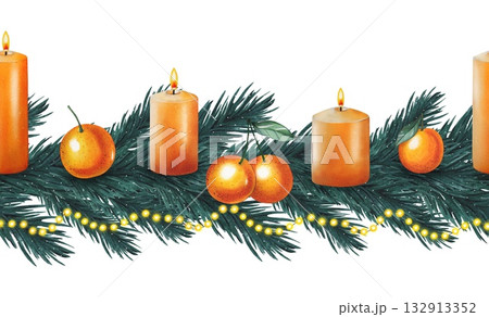 Hand drawn Christmas seamless border with orange wax candles, tangerines, spruce branches, garland. Watercolor illustration. Hand drawn Christmas seamless border with orange wax candles, tangerines, spruce branches, garland. Watercolor illustration. 132913352