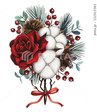 Hand drawn Christmas bouquet with red roses, fir cones, eucalyptus, cotton, red berries, red bow. Watercolor illustration. 132913361
