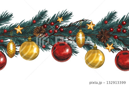 Hand drawn seamless border with fir branches, red berries, and red and yellow Christmas tree baubles. Watercolor illustration. Hand drawn seamless border with fir branches, red berries, and red and yellow Christmas tree baubles. Watercolor illustration. 132913399