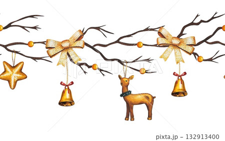 Hand drawn seamless border with brown tree branches, golden bow, golden deer, golden bells. Watercolor illustration. Hand drawn seamless border with brown tree branches, golden bow, golden deer, golden bells. Watercolor illustration. 132913400