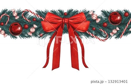 Hand drawn seamless border with fir branches,  big red bow, candy cane, red Christmas tree balls. Watercolor illustration. 132913401