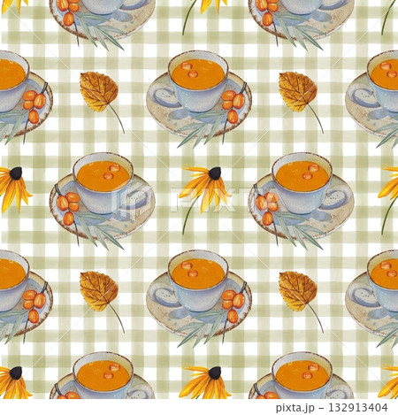 Hand drawn autumn seamless pattern with sea buckthorn tea, autumn flowers and leaves. Watercolor 132913404