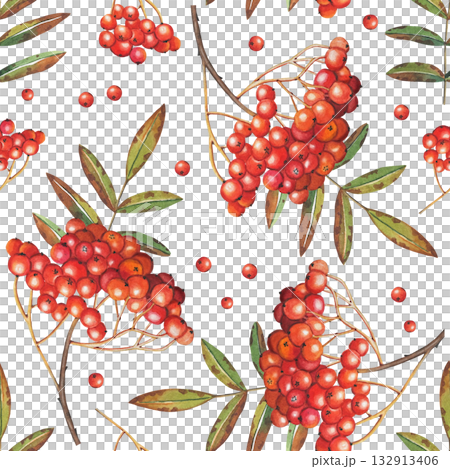 Hand drawn seamless pattern with rowan berry branches. Watercolor illustration. 132913406