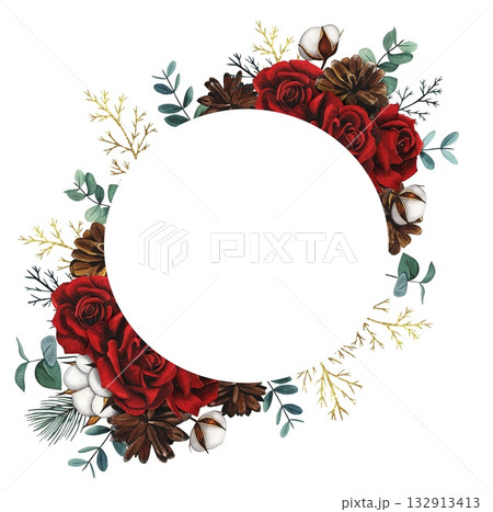 Hand drawn round Christmas frame with red roses, cotton, fir cones, eucalyptus. Watercolor illustration. Hand drawn round Christmas frame with red roses, cotton, fir cones, eucalyptus. Watercolor illustration. 132913413