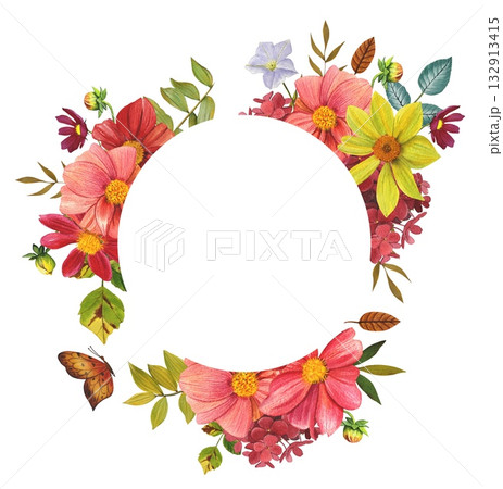 Floral round frame with bright dahlias and leaves. Hand drawn watercolor illustration. Floral round frame with bright dahlias and leaves. Hand drawn watercolor illustration. 132913415