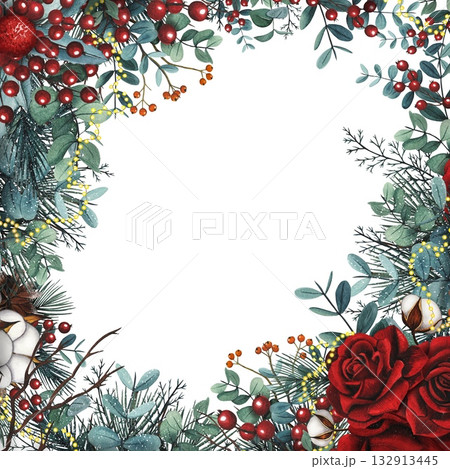 Hand drawn Christmas frame with red roses, cotton, red berries, eucalyptus. Watercolor illustration. Hand drawn Christmas frame with red roses, cotton, red berries, eucalyptus. Watercolor illustration. 132913445