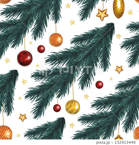 Hand drawn Christmas seamless pattern with fir branches, toys, and stars. Watercolor illustration. 132913449