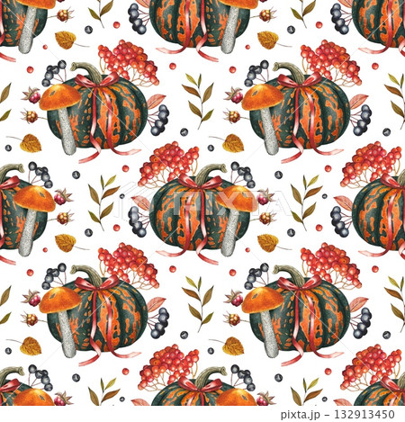 Hand drawn autumn seamless pattern with pumpkins, berries, mushrooms, autumn leaves. Watercolor Hand drawn autumn seamless pattern with pumpkins, berries, mushrooms, autumn leaves. Watercolor 132913450