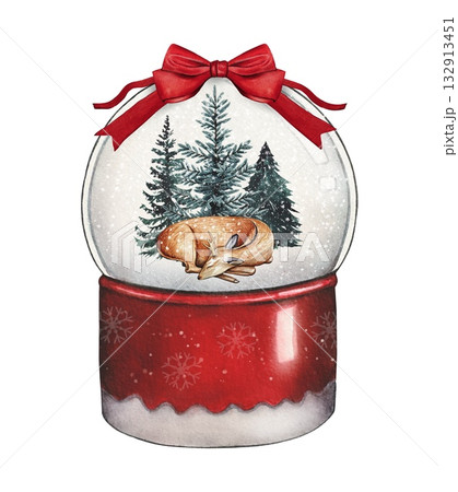 Hand drawn red snow globe with sleeping reindeer in snow covered fir trees, red bow. A Christmas watercolor illustration. Hand drawn red snow globe with sleeping reindeer in snow covered fir trees, red bow. A Christmas watercolor illustration. 132913451