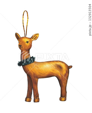 Hand drawn golden reindeer Christmas tree ornament. Watercolor illustration. Hand drawn golden reindeer Christmas tree ornament. Watercolor illustration. 132913504