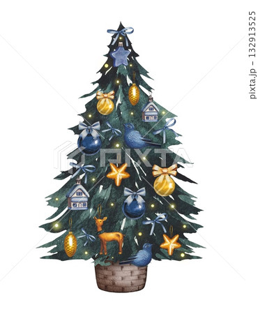 Hand drawn Christmas tree with blue and gold ornaments. Watercolor illustration. 132913525