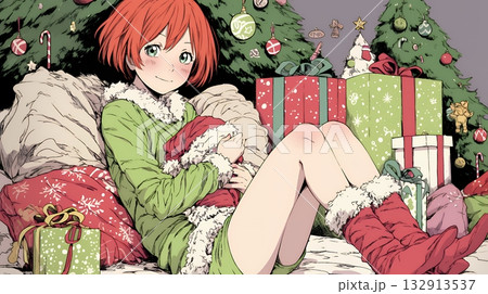 クリスマスプレゼントをたくさんもらって大喜びの若い女性