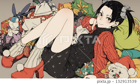 クリスマスプレゼントをたくさんもらって大喜びの若い女性