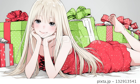 クリスマスプレゼントをたくさんもらって大喜びの若い女性